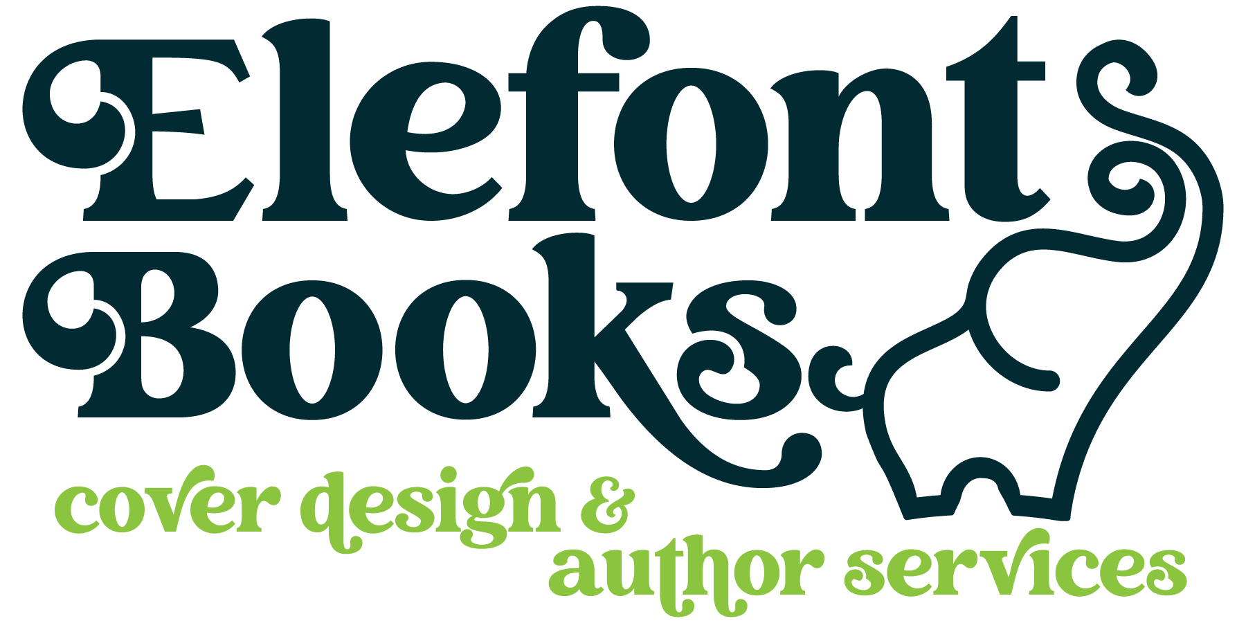 Blue text that reads Elefont Books and elephant trumpeting. Below green text tagline reading cover design and author services